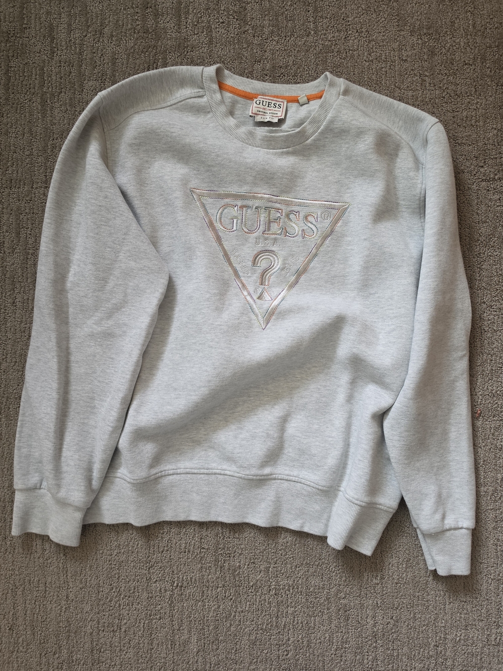 Guess Light Gray Crewneck Sweatshirt with Iridescent Logo